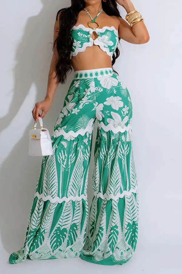 Floral Print Cutout Halter Pant Set