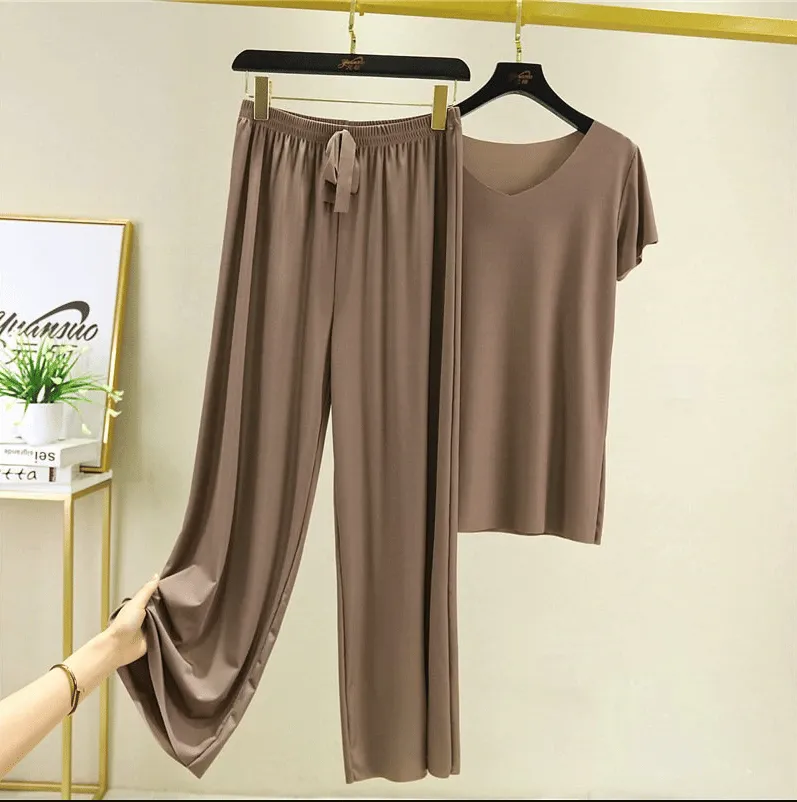 (💥48 % OFF)Soft Comfortable Ice Silk Short Sleeve T-Shirt Two Piece Set Loose Wide-leg Pants