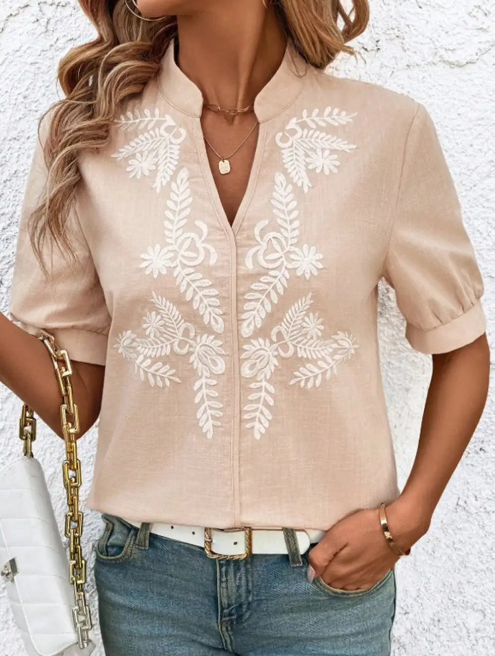 Everyday V Neck Embroidered Blouse