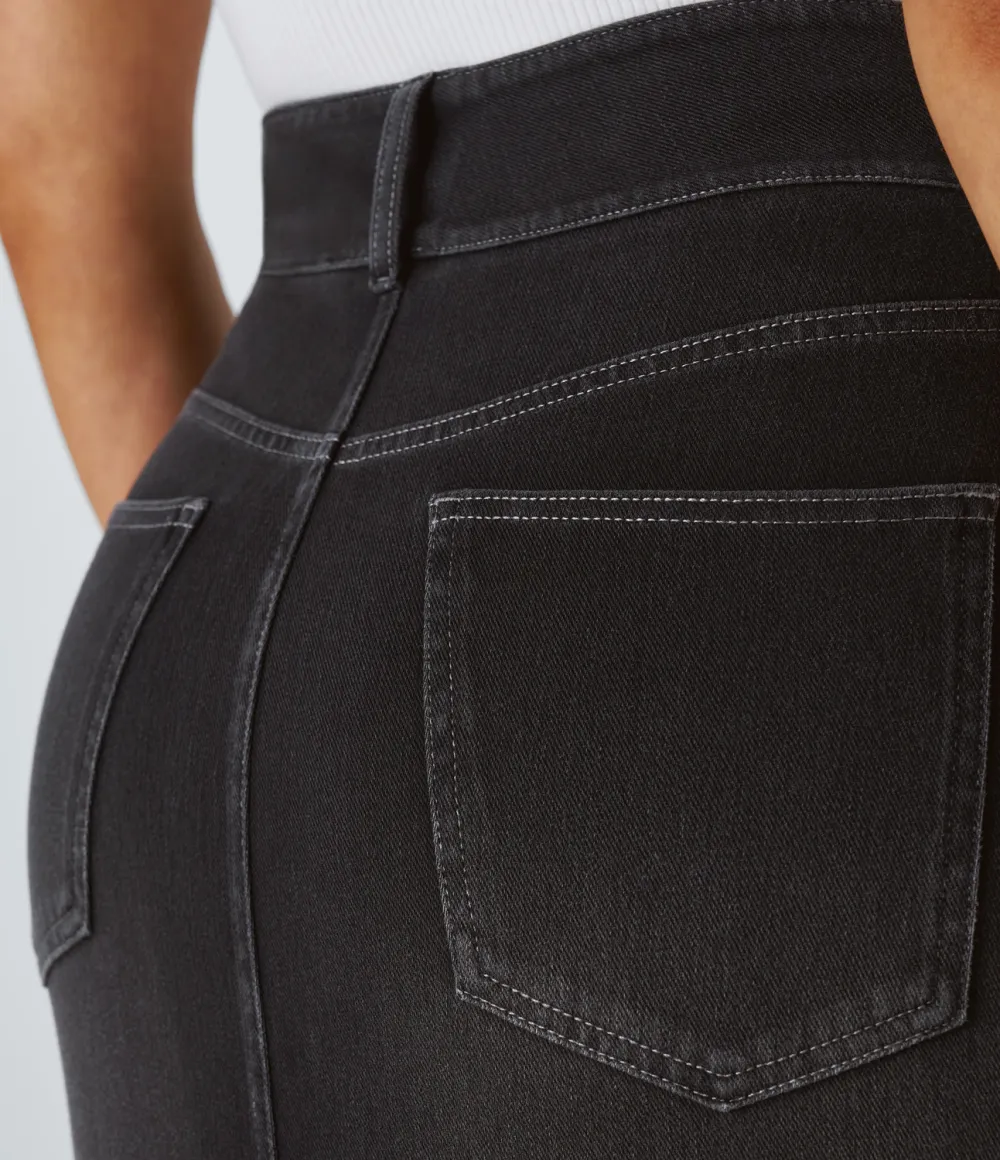 Magic High Waisted Multiple Pockets Bodycon Split Washed Stretchy Knit Denim Casual Midi Skirt