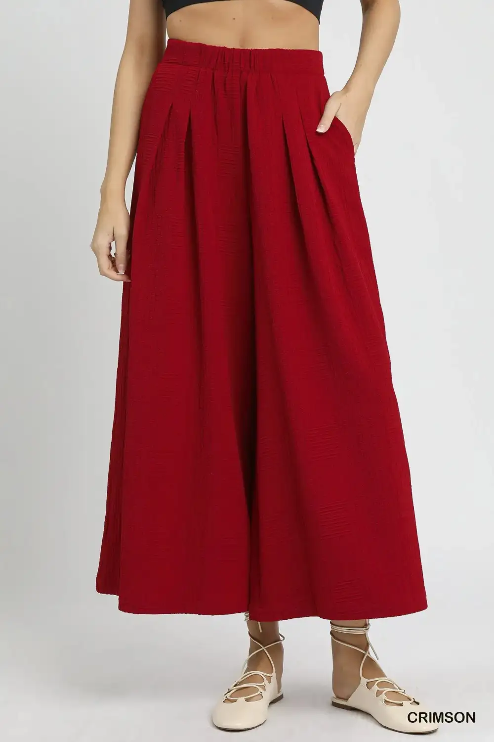 Textured Elastic Waist Wide Leg Pants