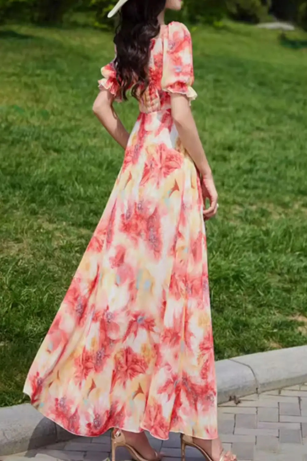Floral Chiffon Puff Sleeve Maxi Dress