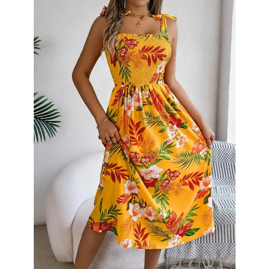 Smocked Tie Shoulder Midi Dress