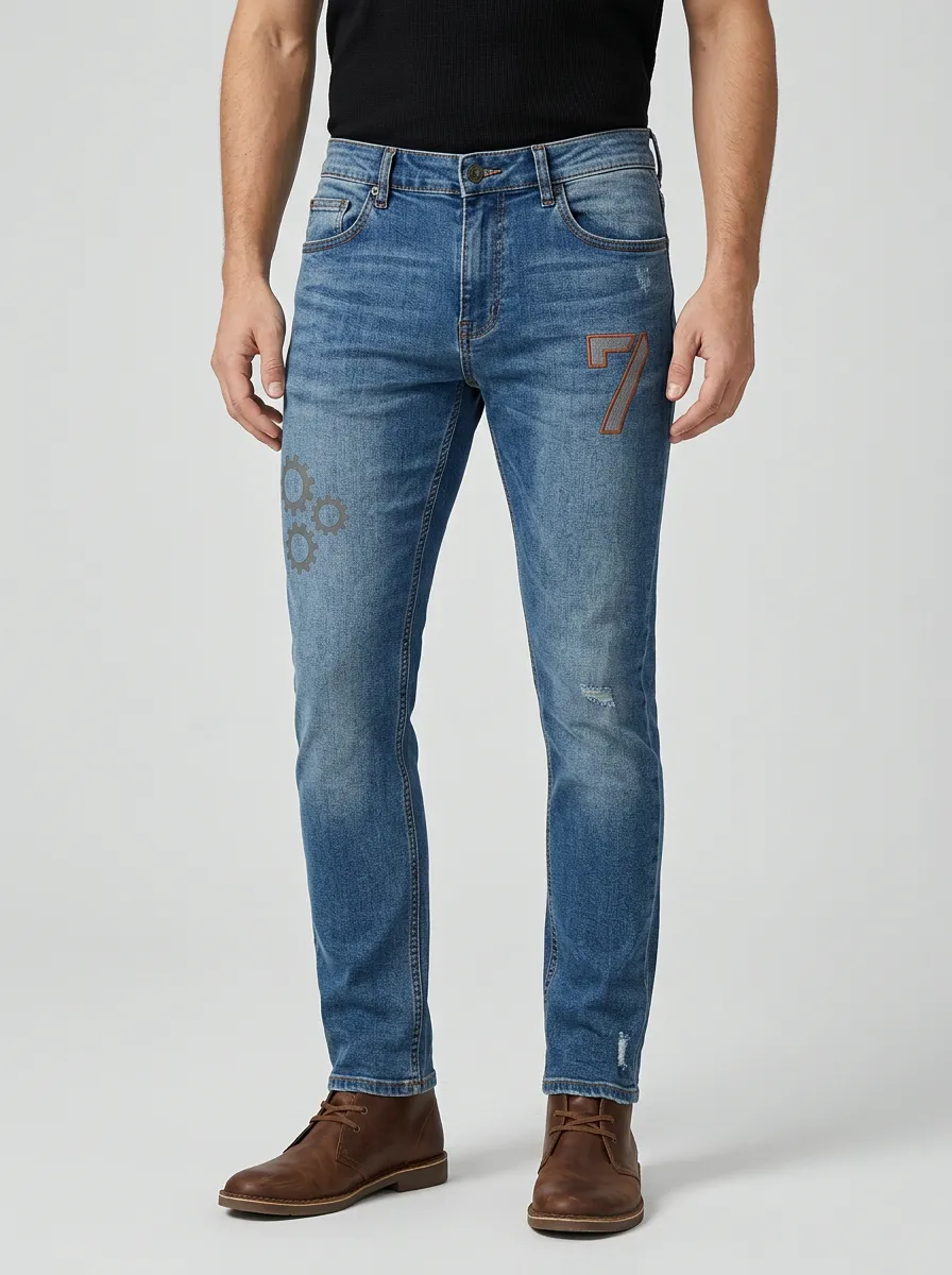 Men's Number 7 Gear Pattern Printed Slim-Fit Jeans