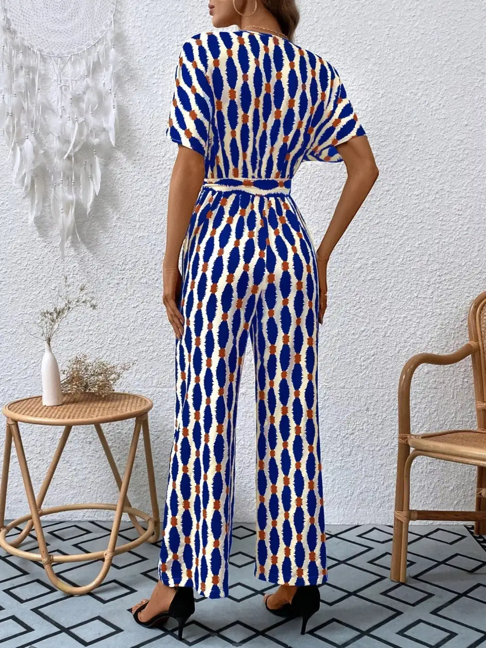 Printed Surplice Tie Waist Short Sleeve Shorts