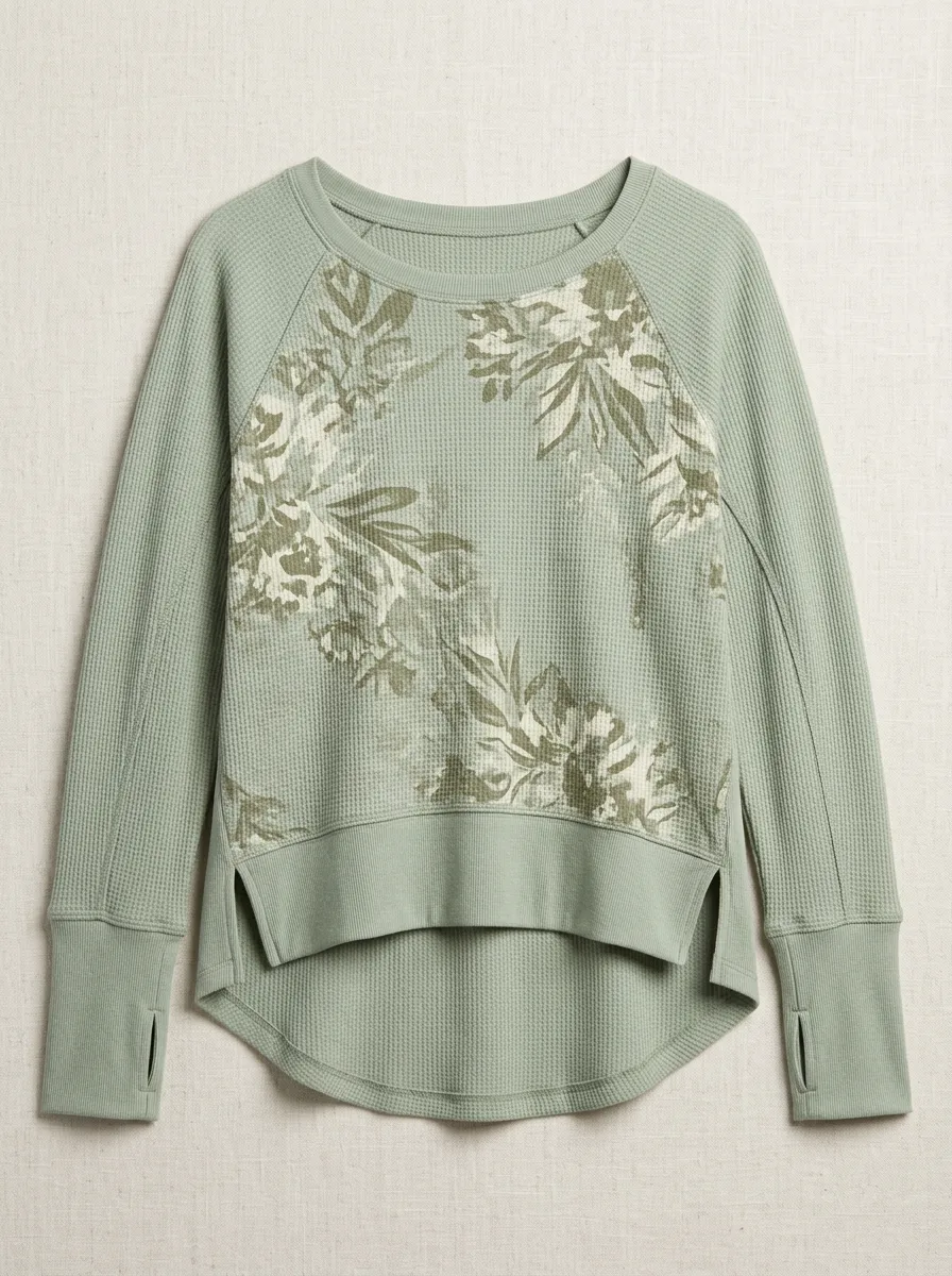 Women's Floral Nature Lover Sage Green Printed Waffle Knit Top