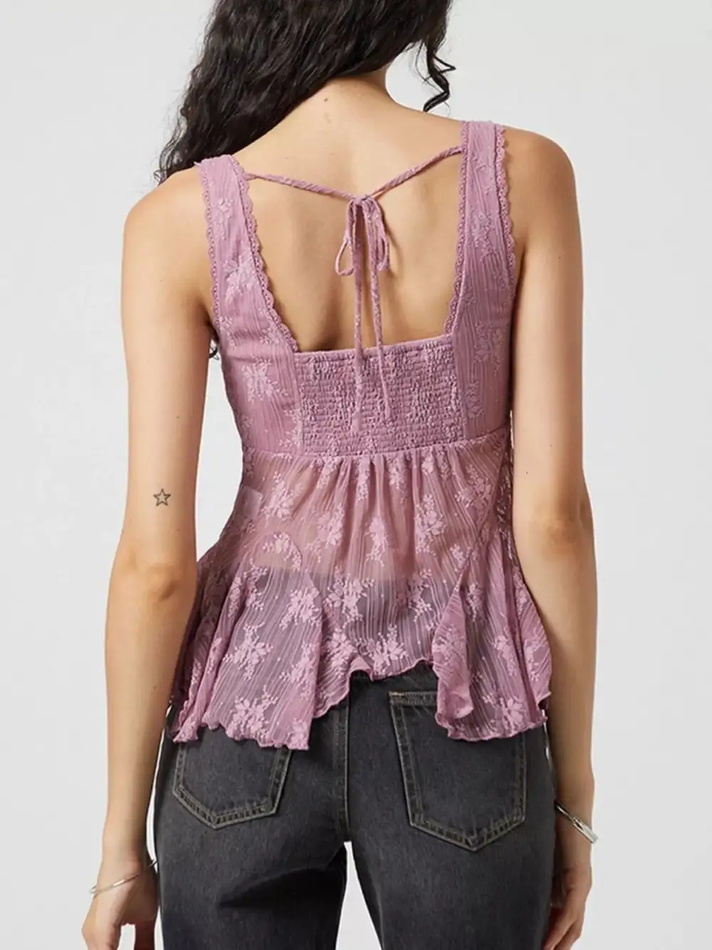 V-Neck Lace Smocked Tank Top