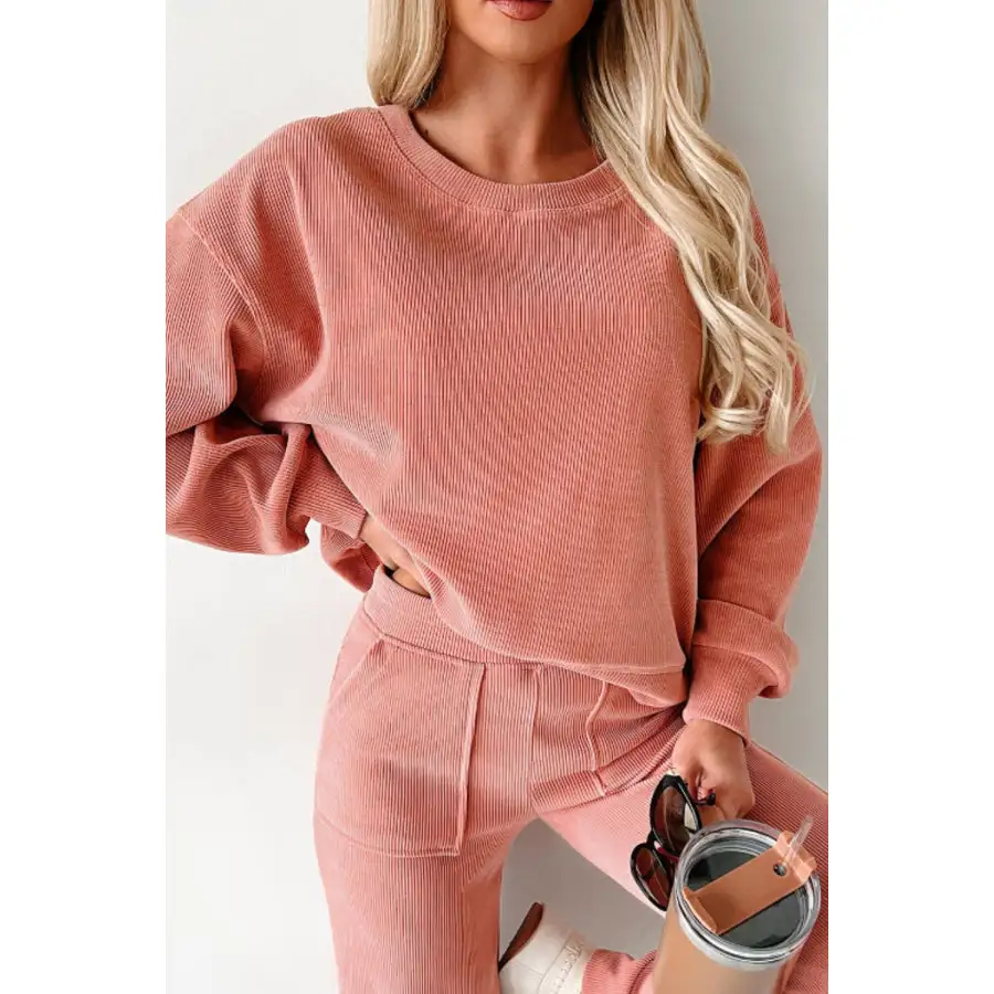 Lightweight Round Neck Long Sleeve Top and Pants Set