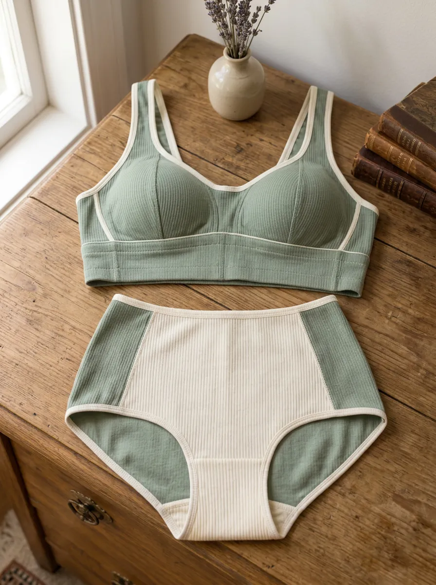 Women's Ribbed High Waisted Contrast High Rise Lingerie Set