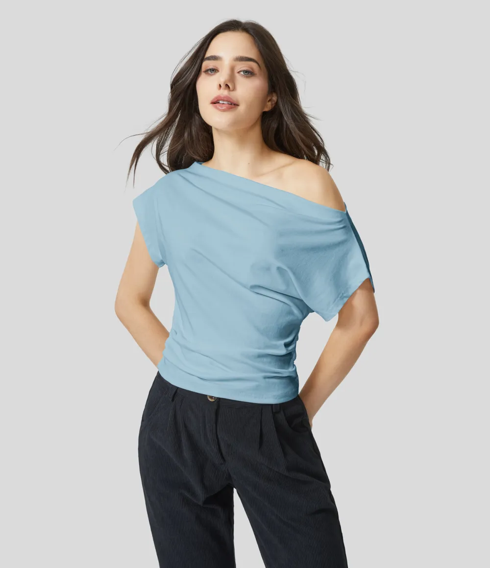 Off Shoulder Short Sleeve Ruched Casual Cotton Top