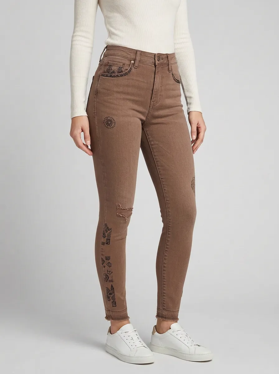 Women's Boho Tribal Pattern Embroidered Grey Slim Jeans