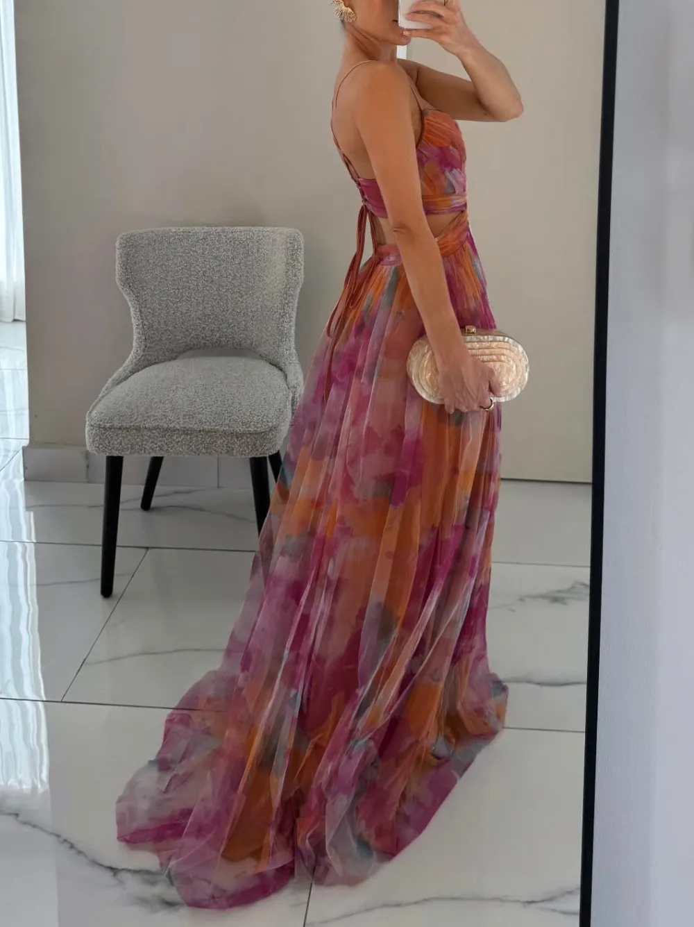 Painted Floral Print V Maxi Dress