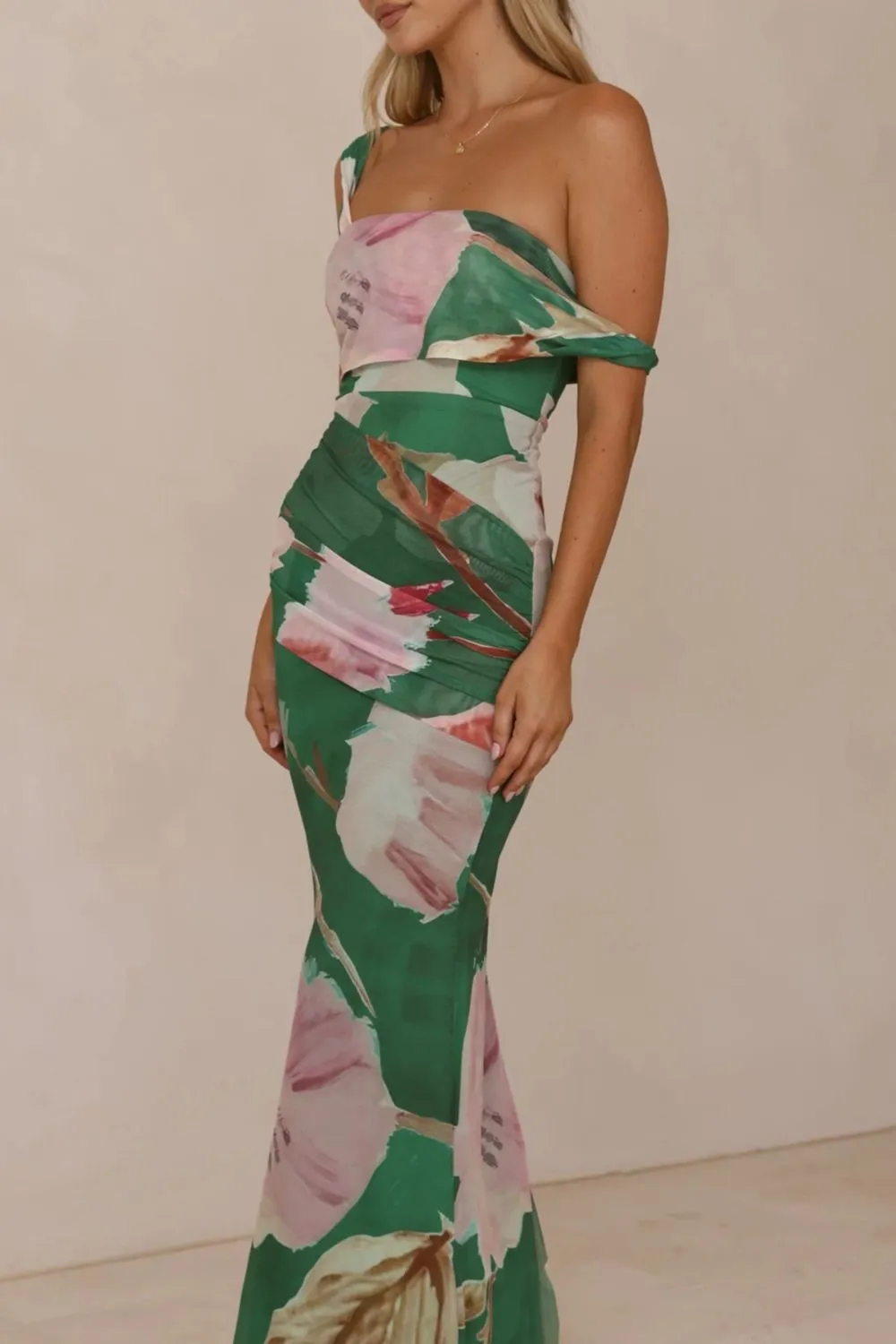 Classic Floral Print One Shoulder Ruched Maxi Dress
