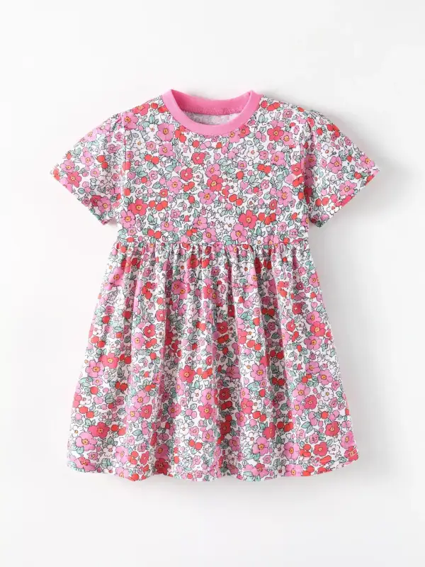 Girls Floral Print Short Sleeve A-Line Dress