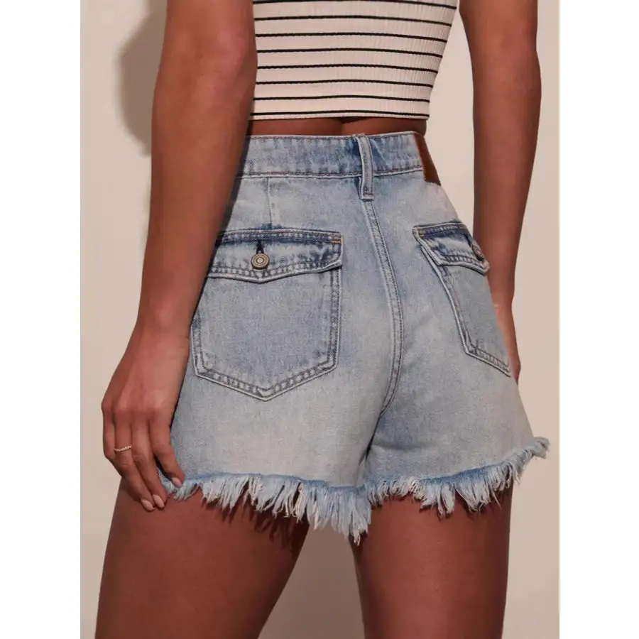 Casual Raw Hem Pocketed Washed Denim Shorts