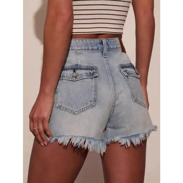 Casual Raw Hem Pocketed Washed Denim Shorts
