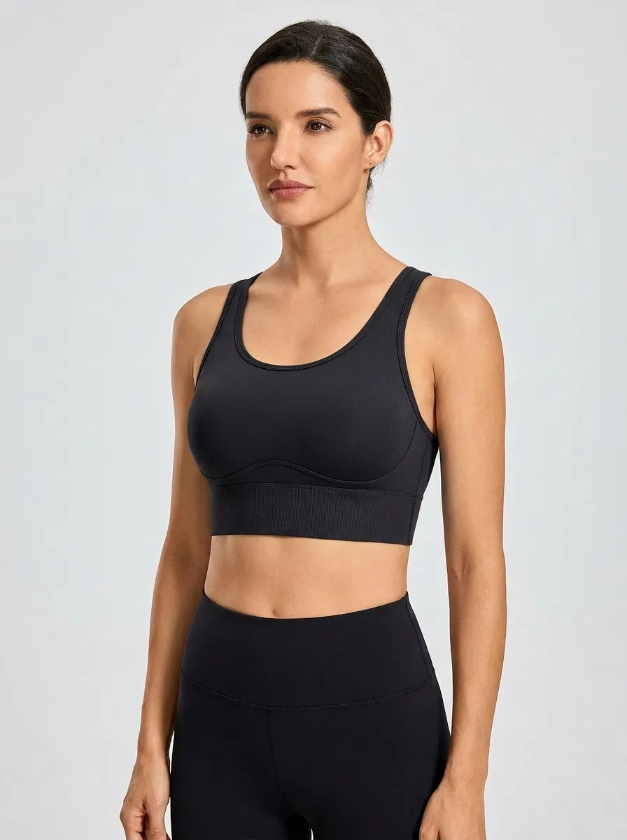 Women's Scoop-Neck Racerback Ribbed Wide-Strap Wide-Band Sports Bra