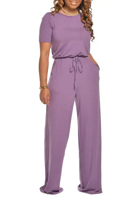 Short Sleeve Wide-leg Jumpsuit with Drawstring Waist
