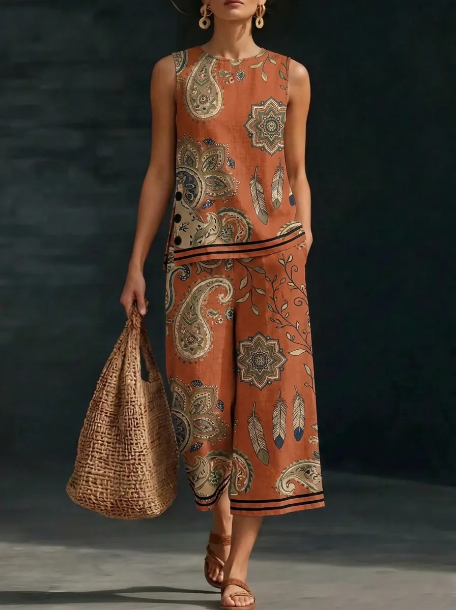 Women's Bohemian Paisley Feather Printed Sleeveless Set