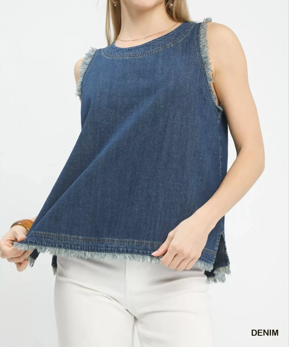 Sleeveless Fringe Hem Denim Top