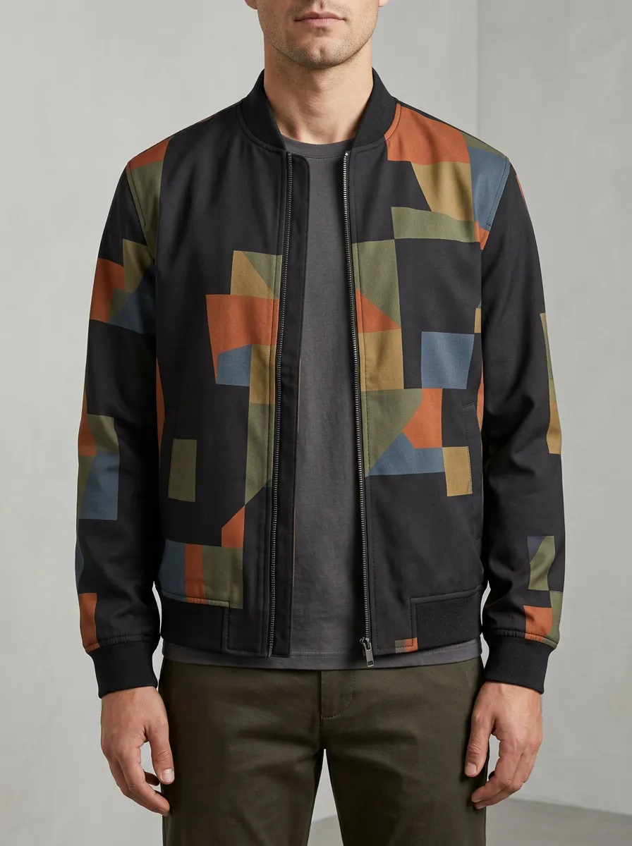 Men's Geometric Pattern Abstract Colorblock Printed Bomber Jacket