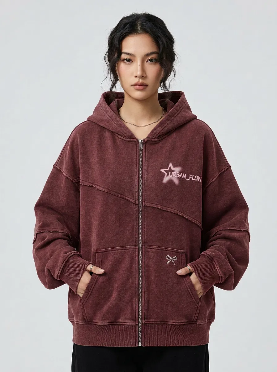 Unisex Streetwear Urban Flow Star Bow Printed Zip-up Hoodie