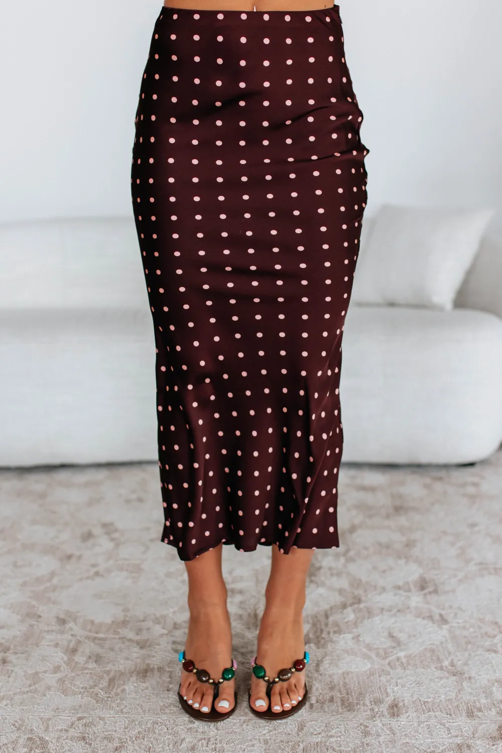 Polka Dot Satin Flared Hem Midi Skirt