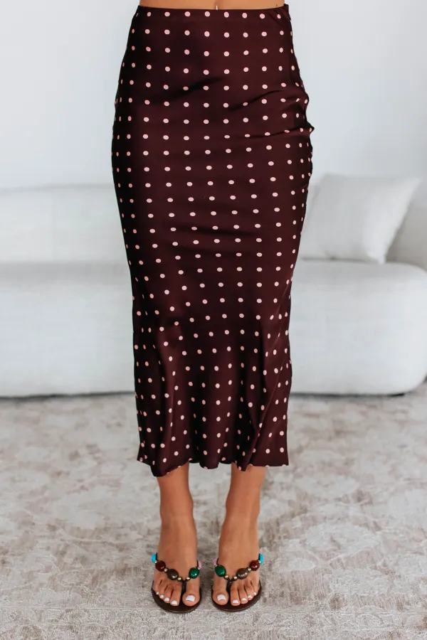 Polka Dot Satin Flared Hem Midi Skirt