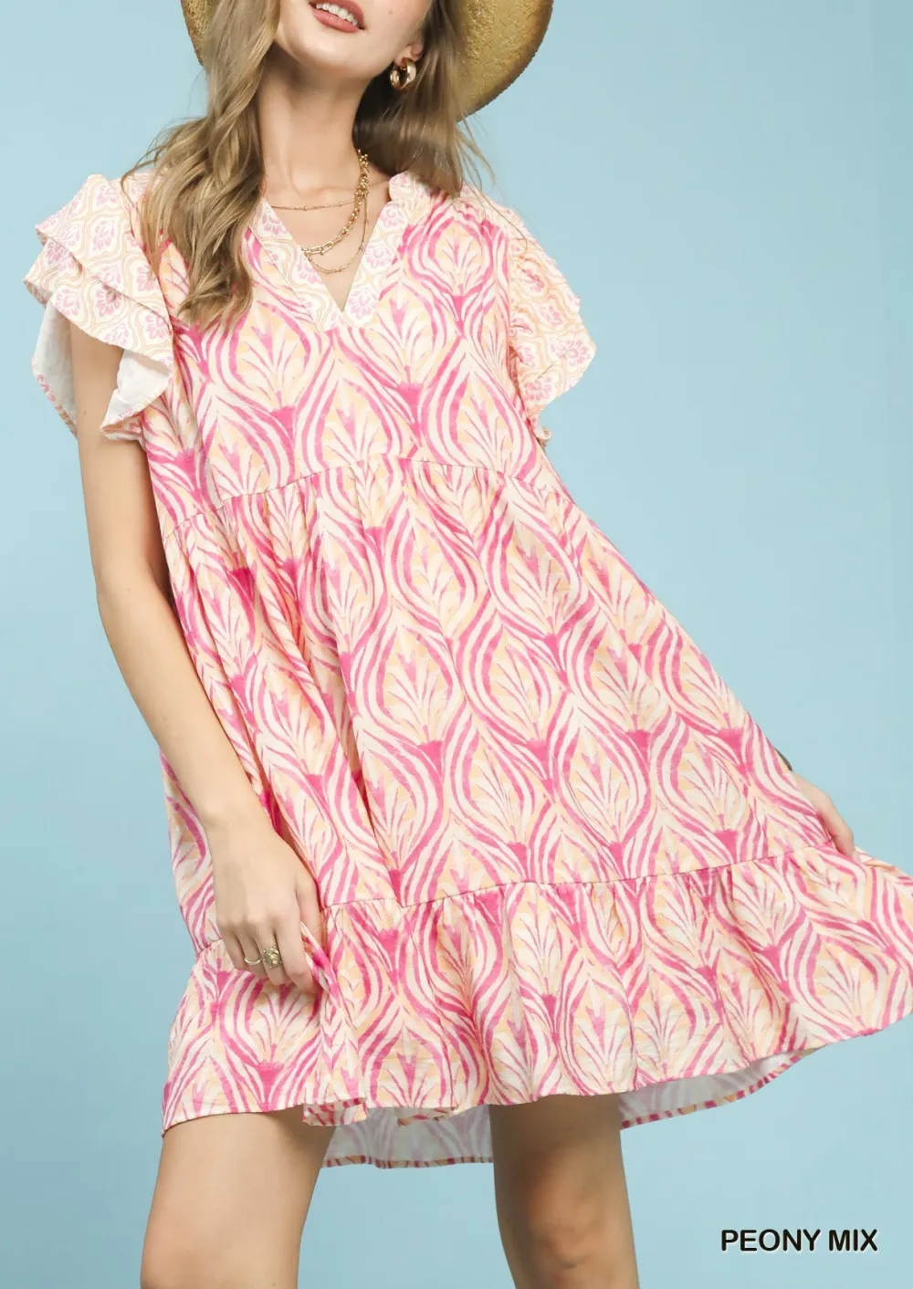 Mix Printed Flutter Sleeve Tiered Ruffle Dress