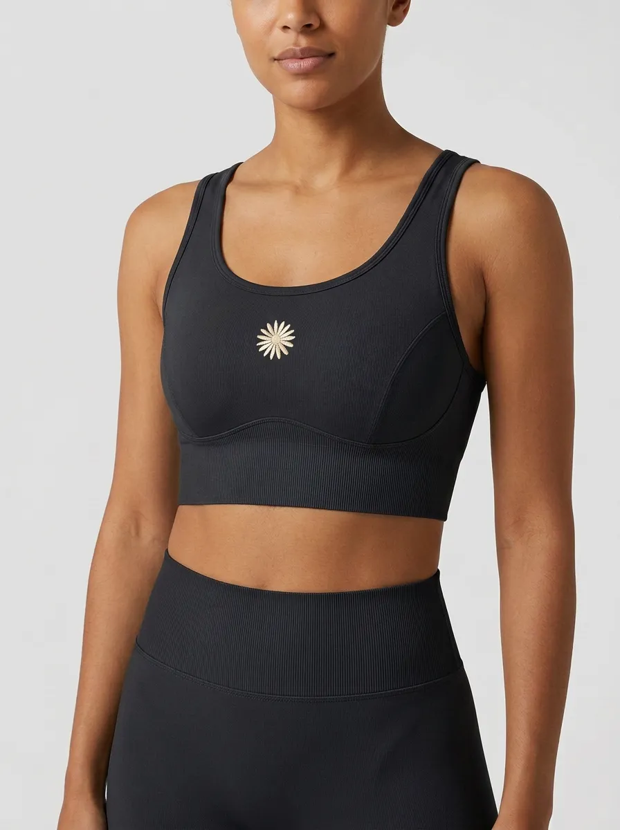 Women's Floral-Embroidered Scoop-Neck Reinforced-Trim Ribbed Sports Bra