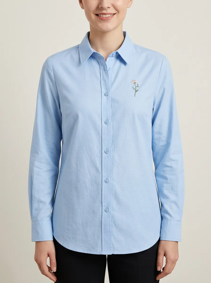 Women's Minimalist Floral Embroidered Button-Front Shirt