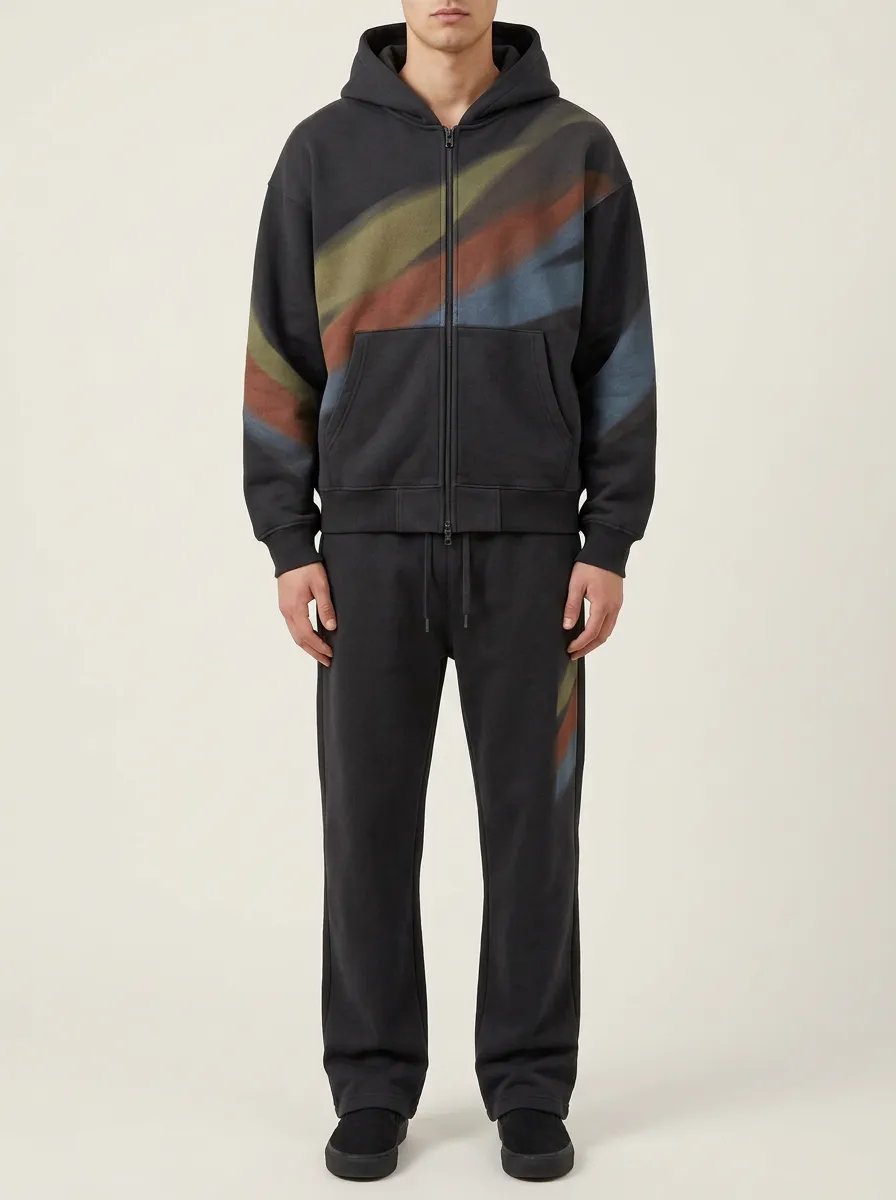 Men's Streetwear Abstract Diagonal Stripe Printed Hooded Tracksuit