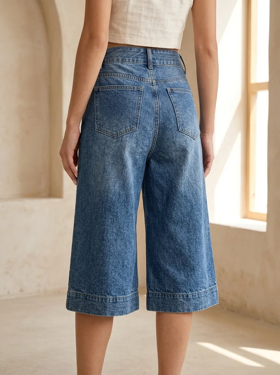 Women's High-Waisted Wide-Leg Denim Culottes Jeans