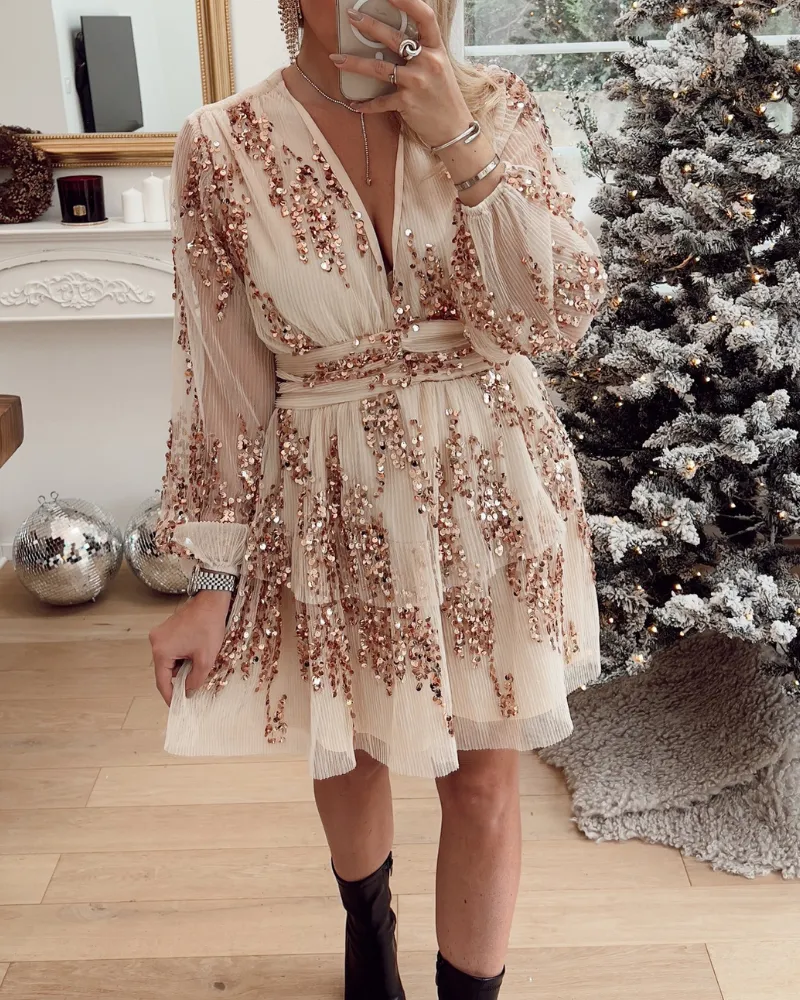 V-Neck Pleated Sequined Mini Dress