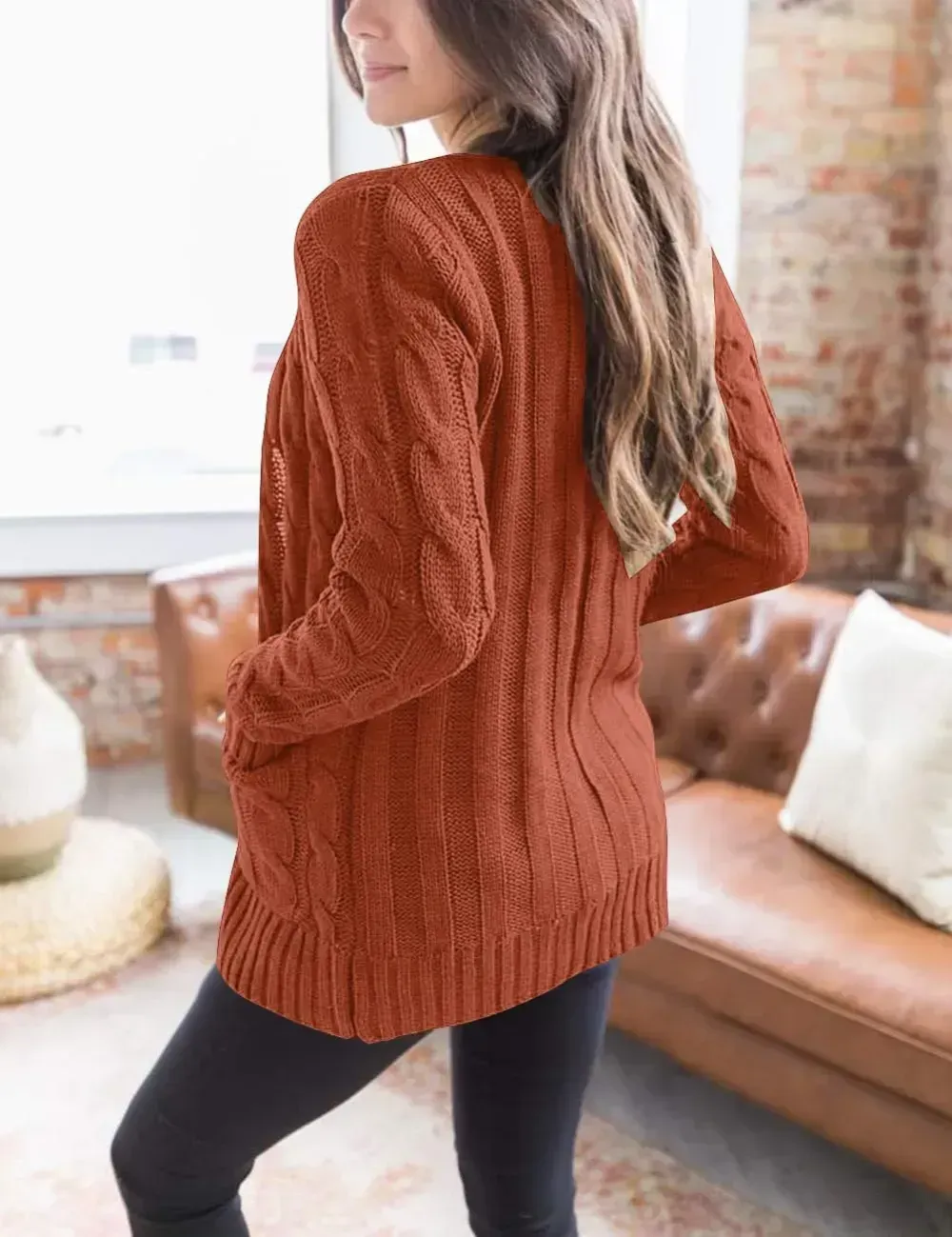 MEROKEETY Women's 2024 Fall Long Sleeve Cable Knit Sweater Open Front Cardigan Button Loose Outerwear