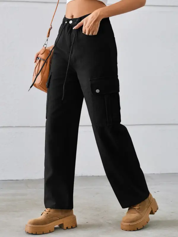 Drawstring Mid Rise Waist Straight Cargo Jeans
