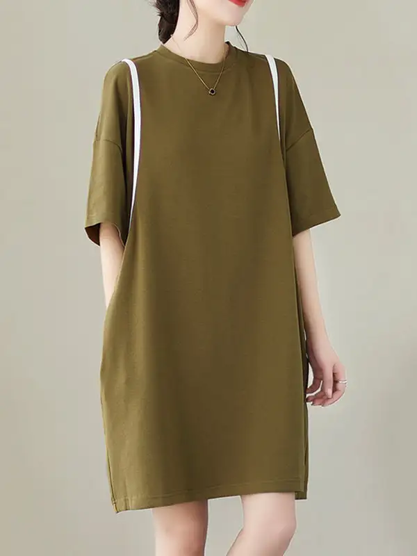 Relaxed Short Sleeve Split Joint Round Neck Mini Dress