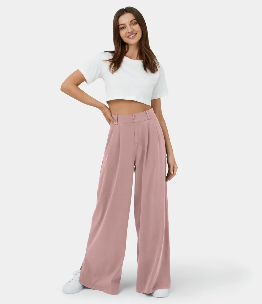 High Waisted Button Zipper Plicated Side Pocket Split Hem Wide Leg Casual Pants