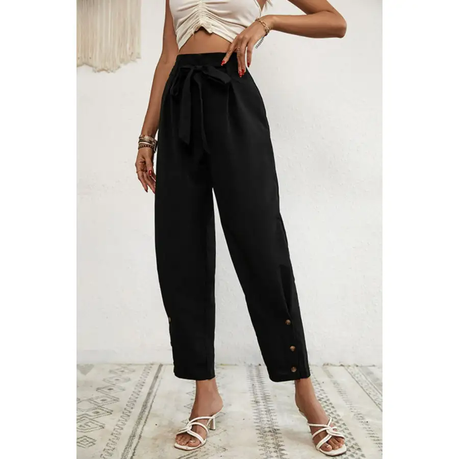 Buttoned Tie Waist Cropped Pants