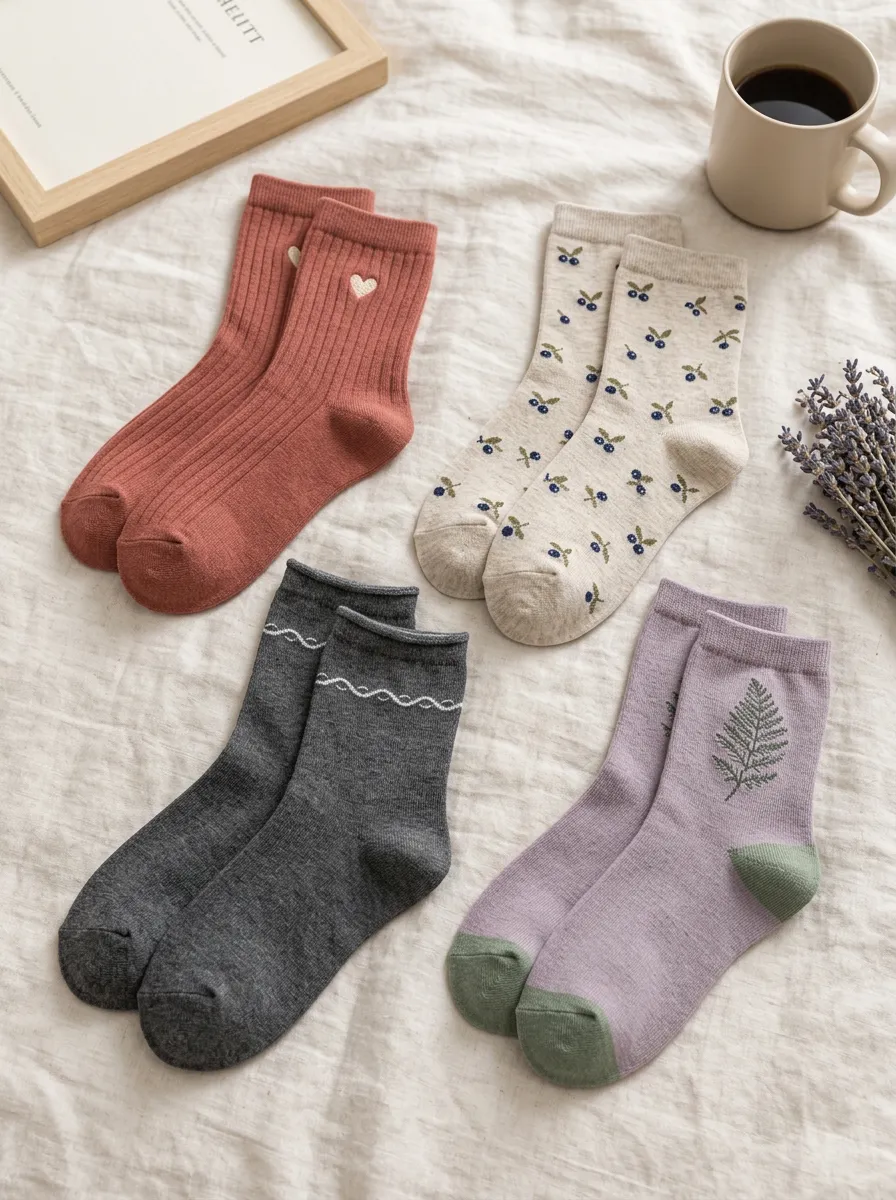 Women's Aesthetic Nature Heart Berry Fern Printed Socks 4-Pack