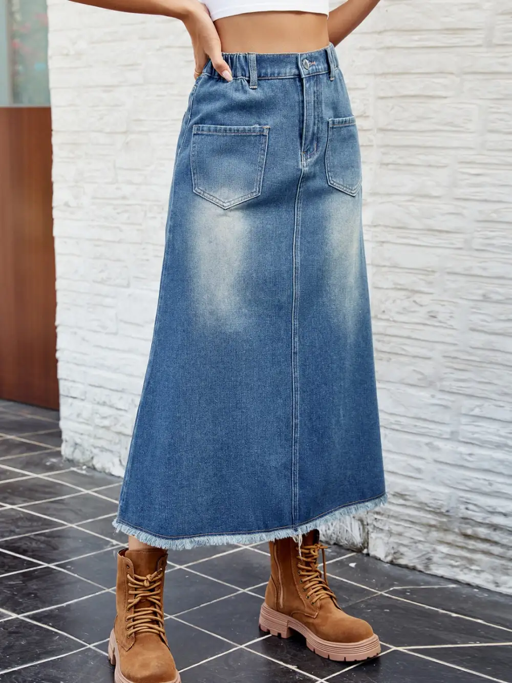 Casual Button Front Denim Detail Skirt