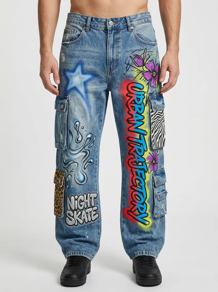 Men's Streetwear Graffiti Star Floral Graphic Cargo Jeans