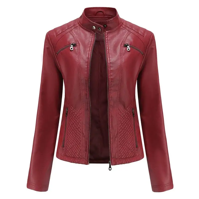 Relaxed Stand-Collar Faux-Leather Leather Casual Outerwear Jacket