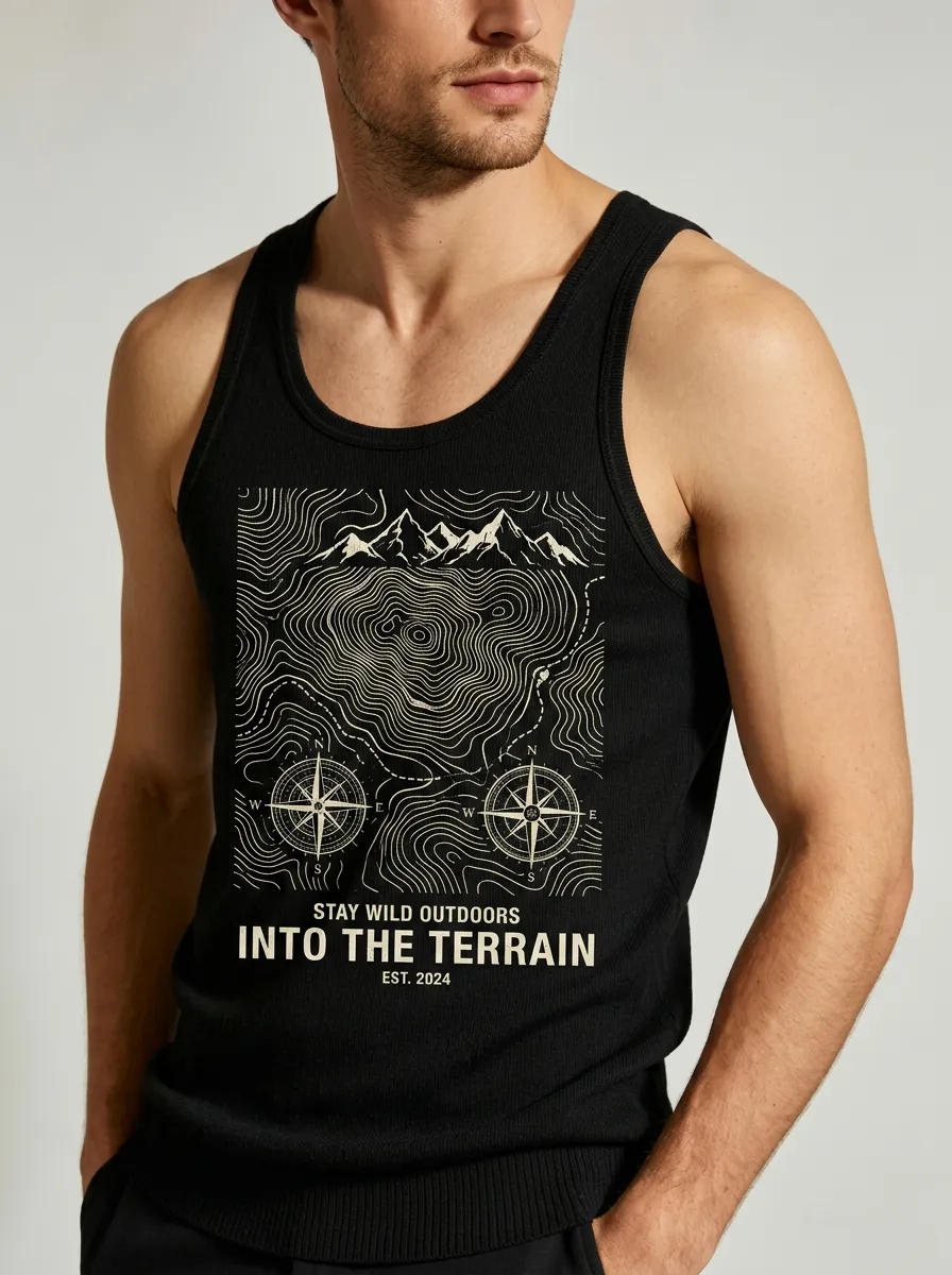 Men's Outdoor Hiking Mountain Compass Printed Tank Top