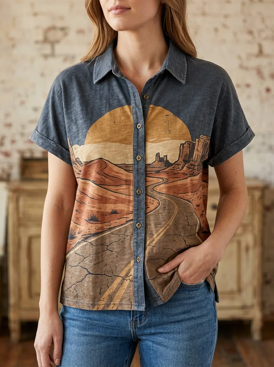 Women's Desert Road Trip Sunset Printed Button-Up Shirt