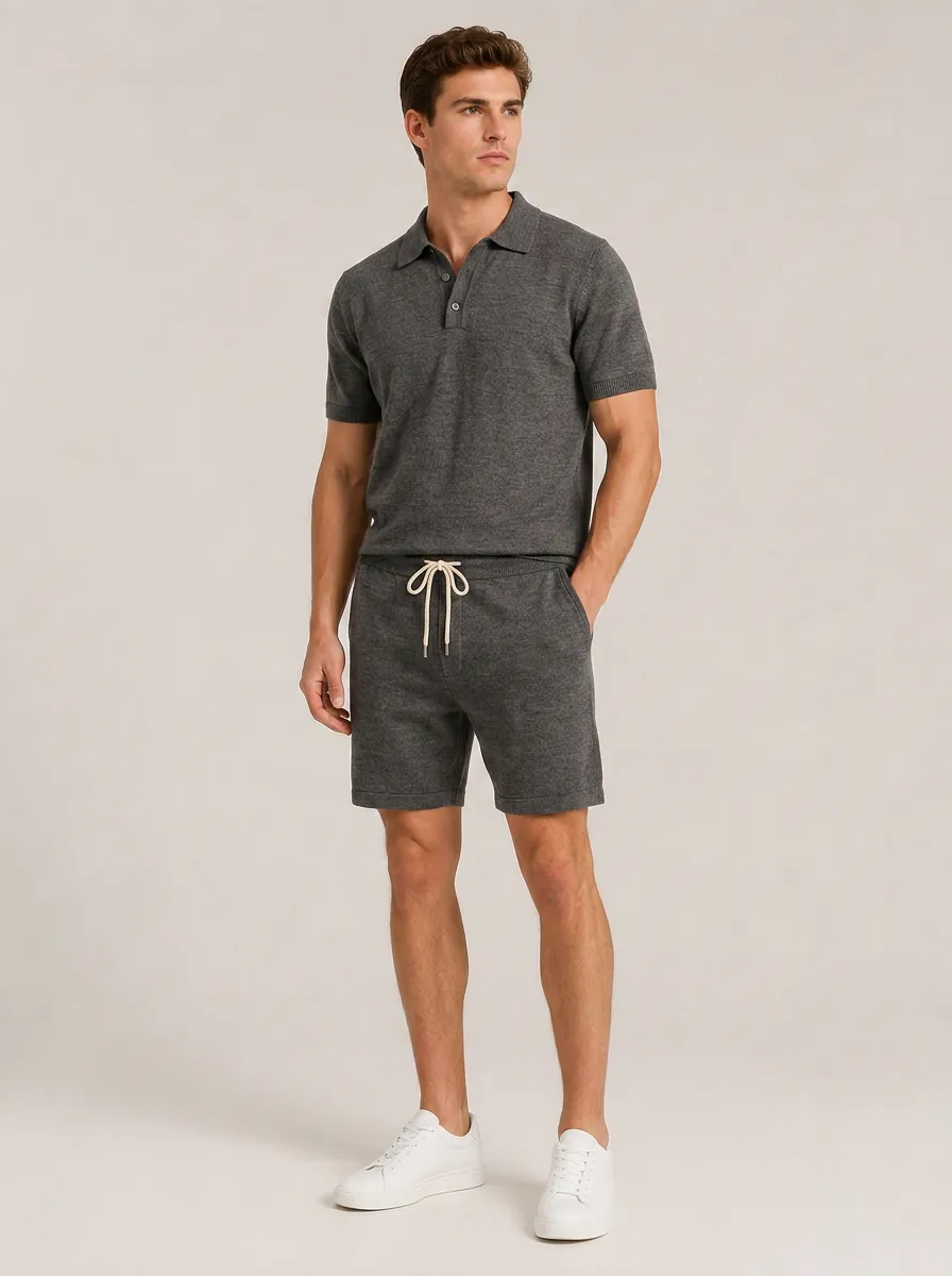 Men's Structured Polo Knit Shirt And Shorts Set