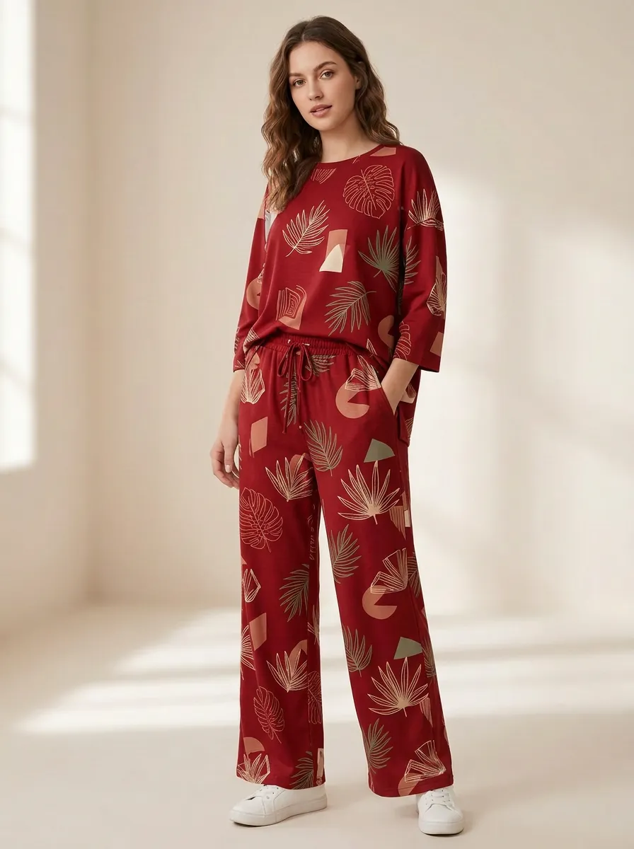 Women's Botanical Geometric Print Three-Quarter-Sleeve Top And Drawstring Straight-Leg Trouser Lounge Set
