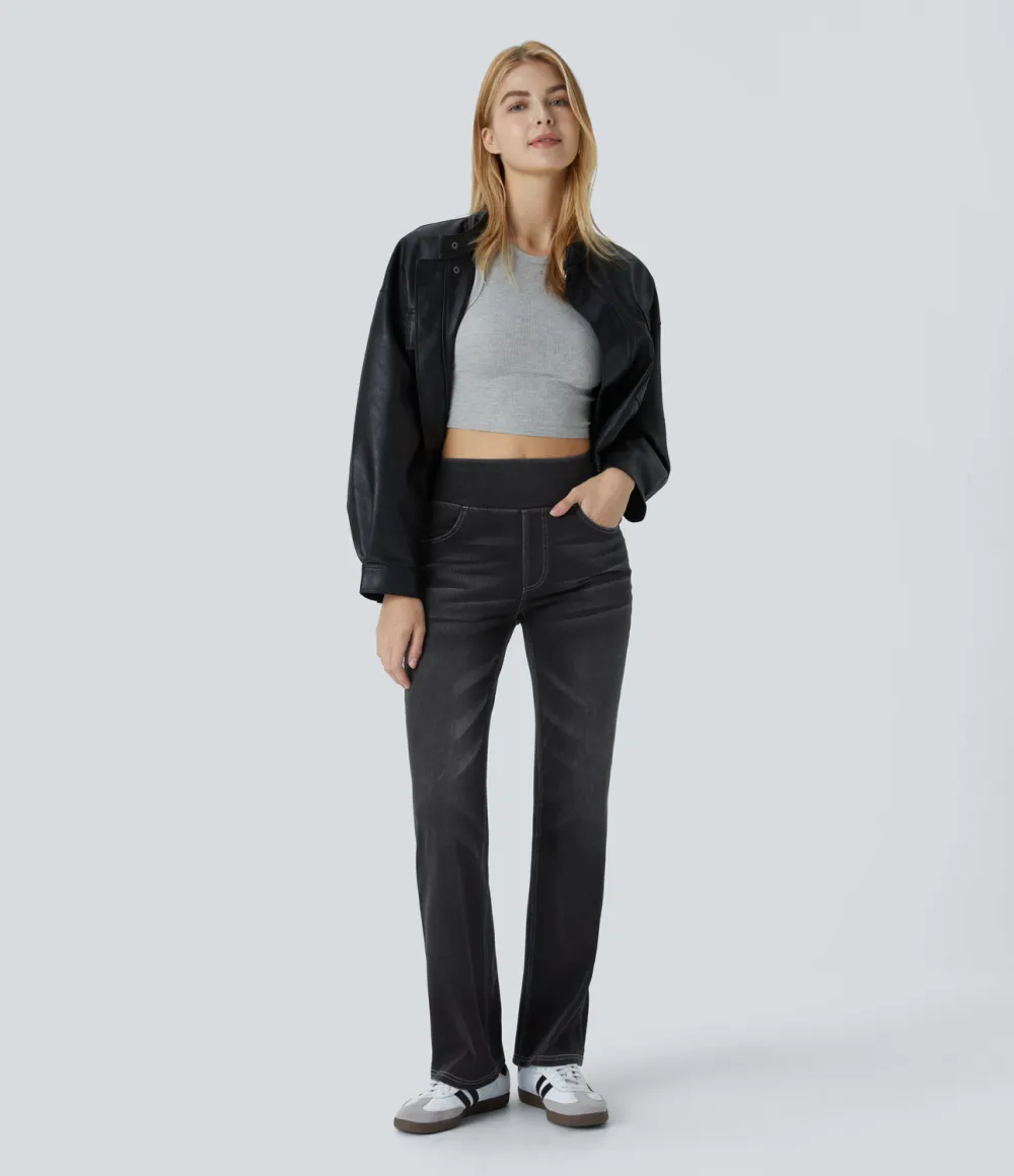 Magic High Waisted Multiple Pockets Washed Stretchy Knit Casual Bootcut Jeans