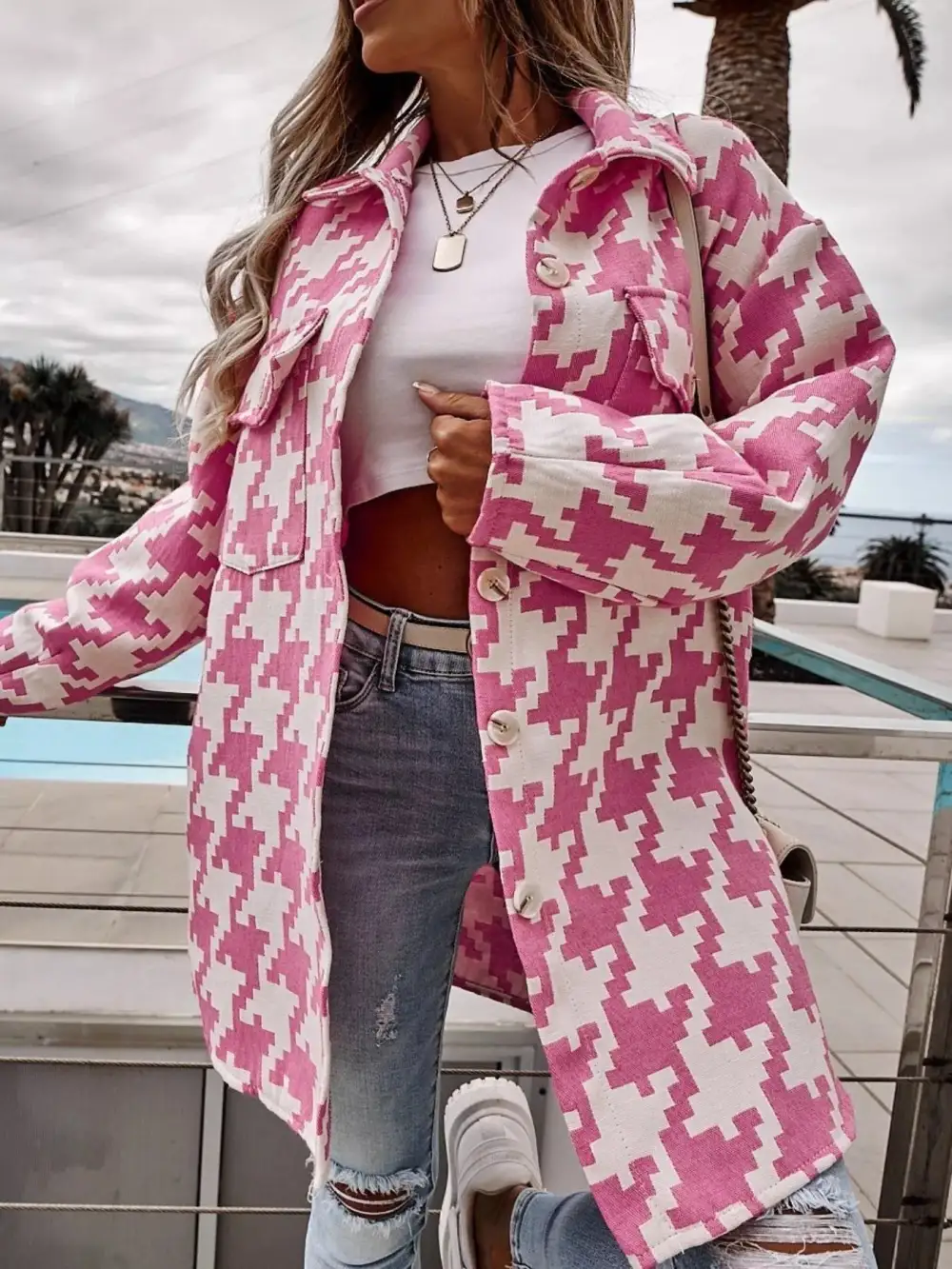 Houndstooth Button Up Long Sleeve Outerwear