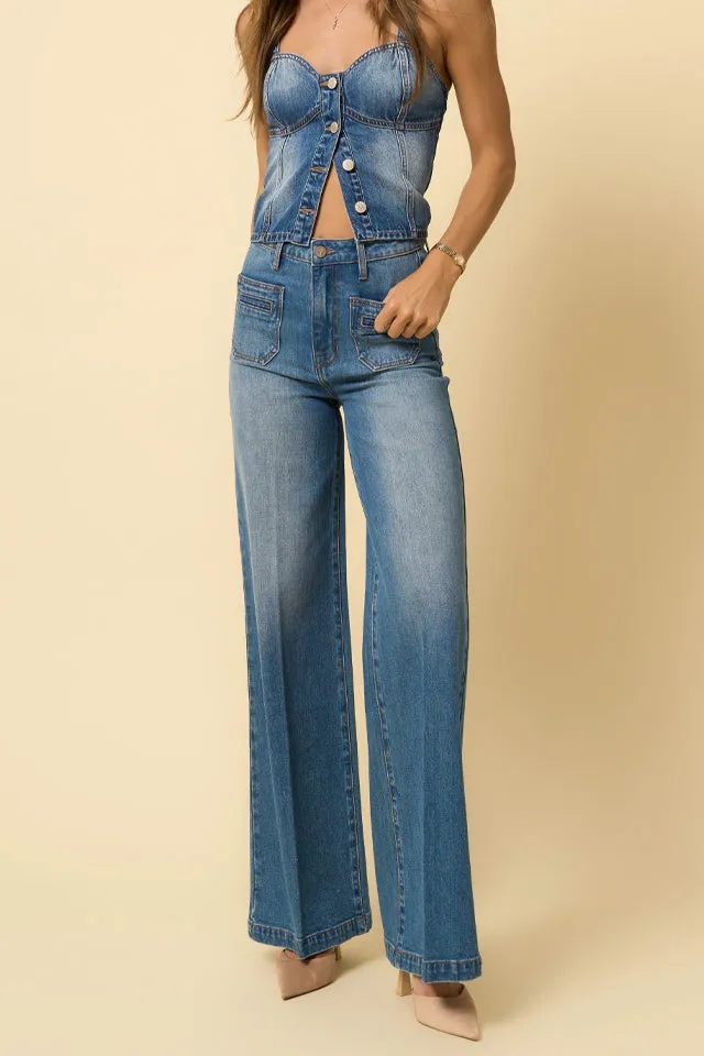Women's High Rise Patch Pocket Wide Leg Comfort Stretch Denim Jeans